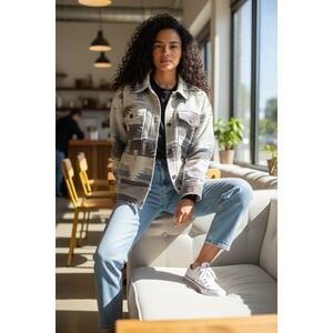 LA MIEL Neutral Aztec Print Shacket in Cream, Gray, Brown, Blue